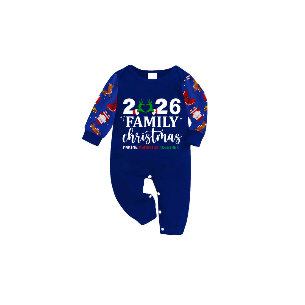 2026 Making Memories Family Christmas Family Pajamas Set - Blue Top / Santa Reindeer Print Pants / Santa Reindeer Print Sleeves