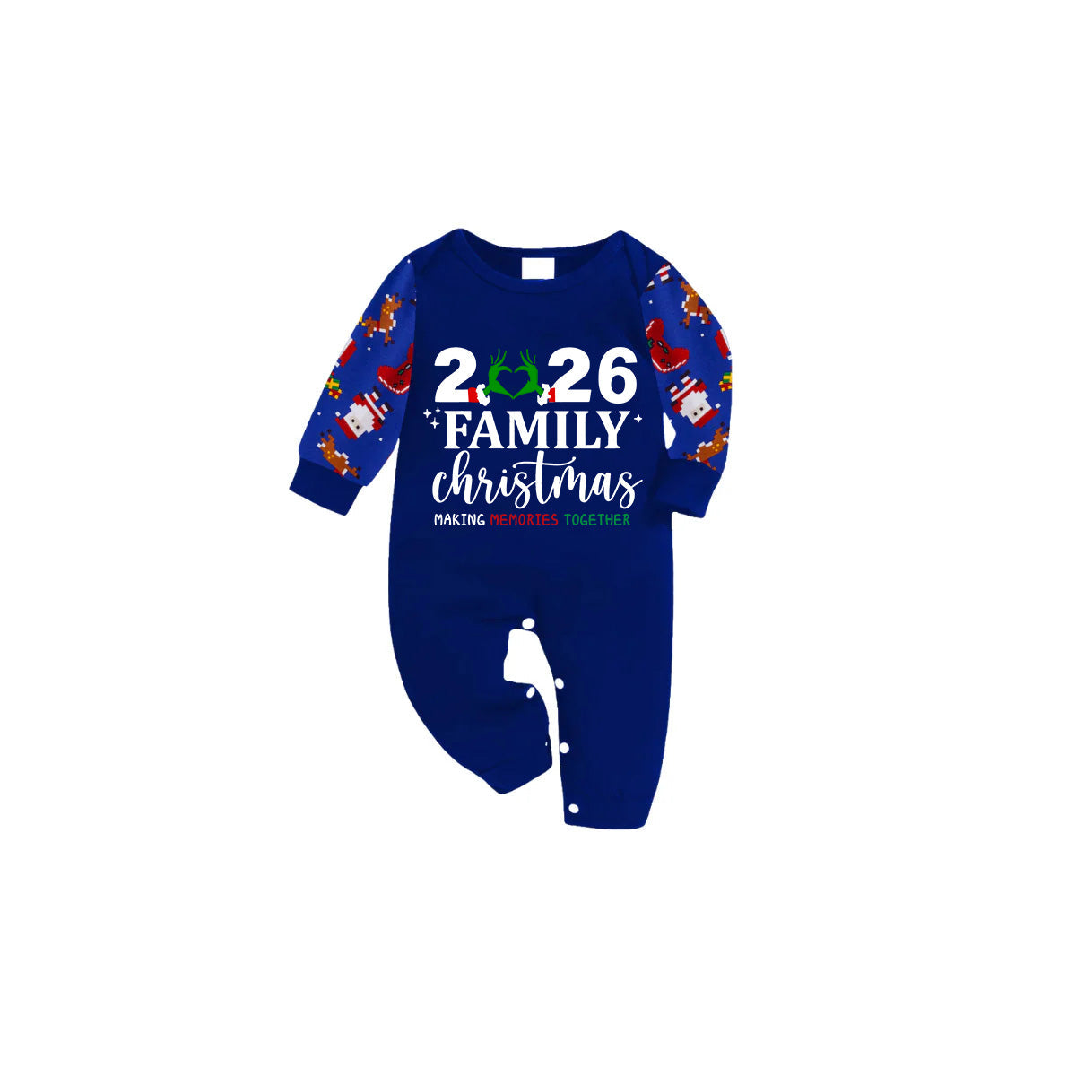 2026 Making Memories Family Christmas Family Pajamas Set - Blue Top / Santa Reindeer Print Pants / Santa Reindeer Print Sleeves