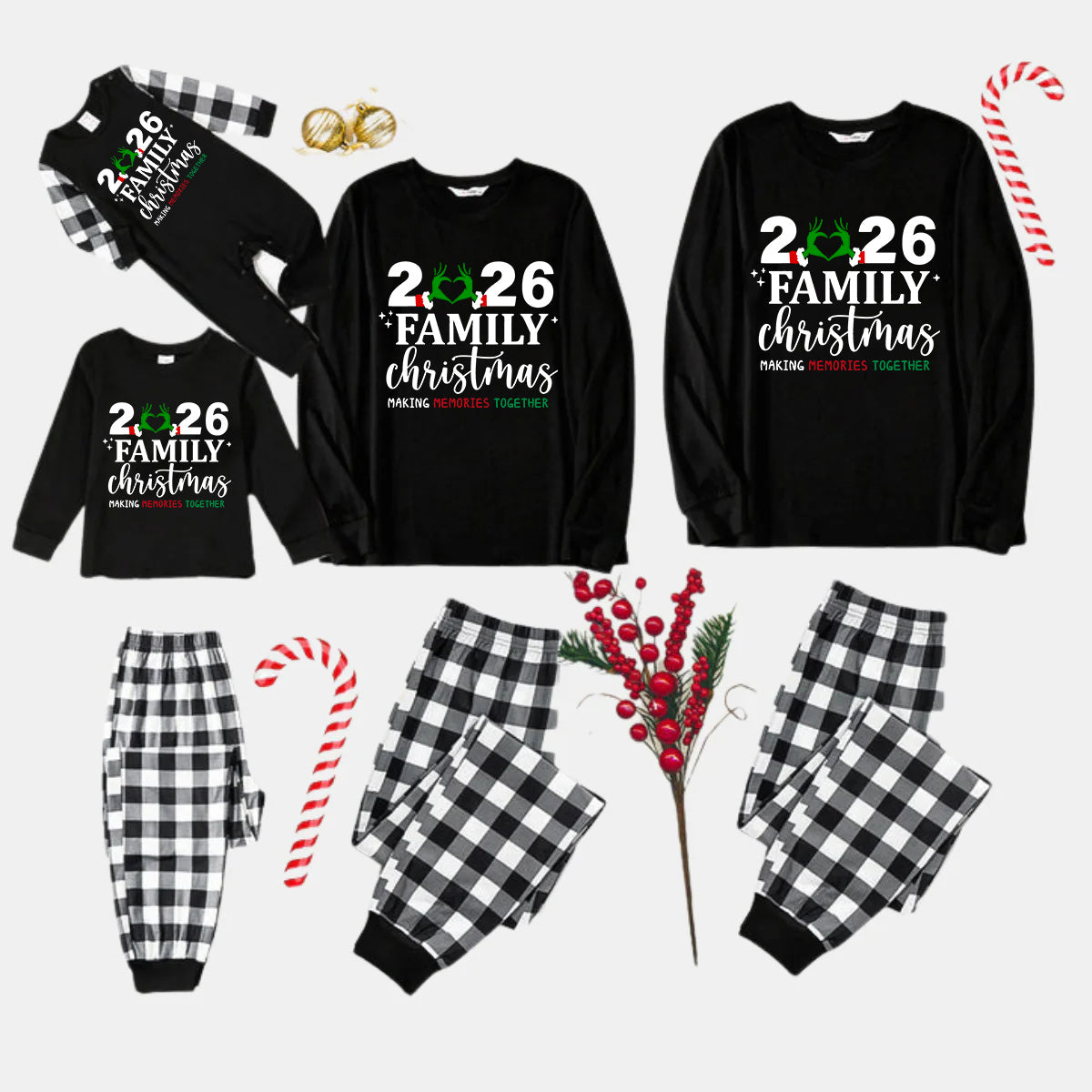 "2026 Family Christmas" Quirky Heart Letter Print Black Long Sleeve Top with Black And White Plaid Pants Family Matching Pajamas