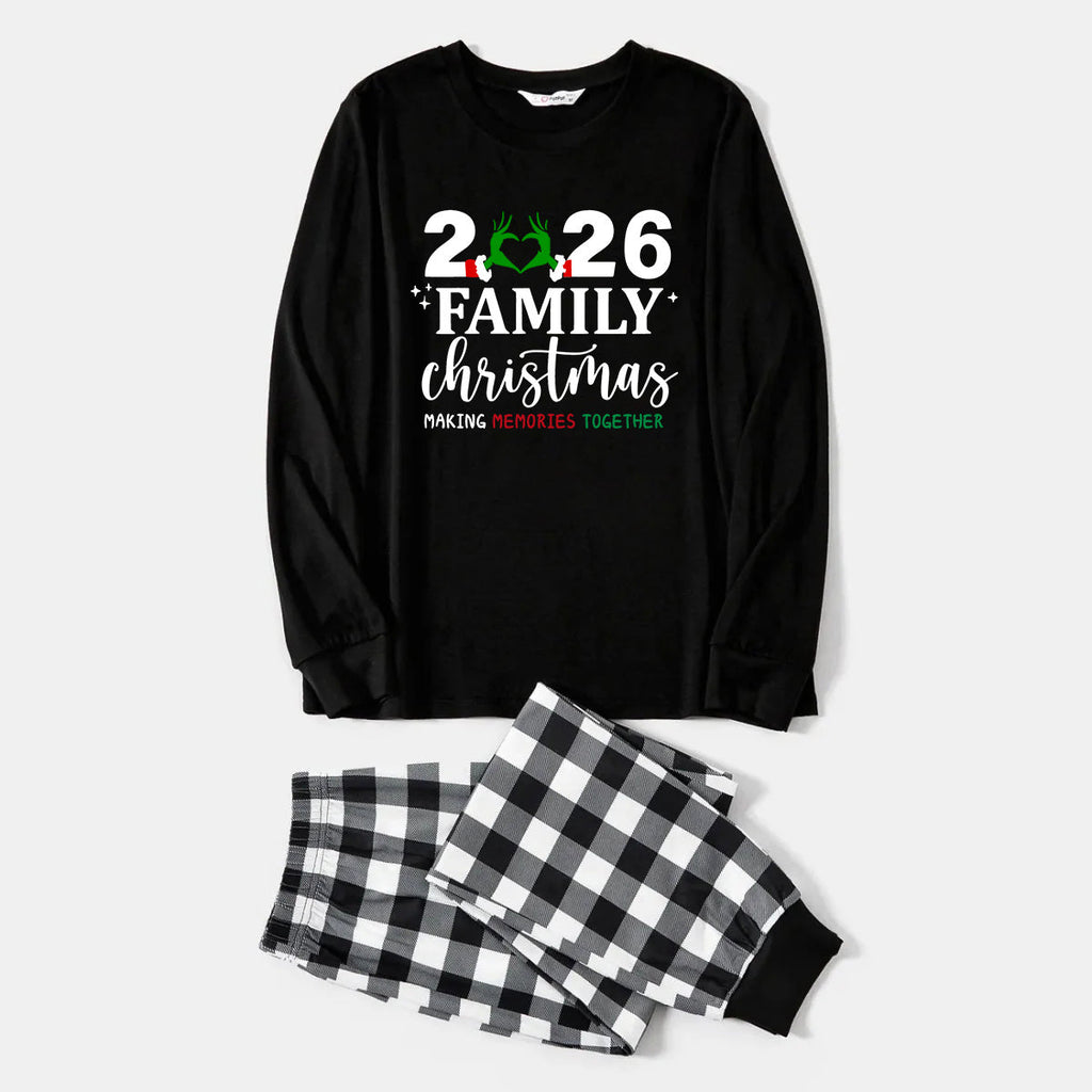 "2026 Family Christmas" Quirky Heart Letter Print Black Long Sleeve Top with Black And White Plaid Pants Family Matching Pajamas