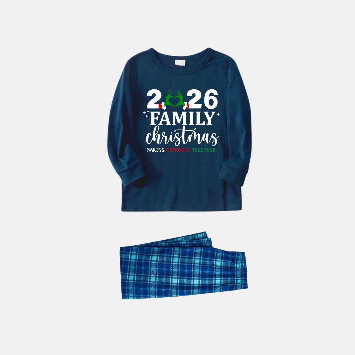 "2026 Family Christmas" Quirky Heart Letter Print Blue Long Sleeve Top With Blue Plaid Family Matching Pajamas
