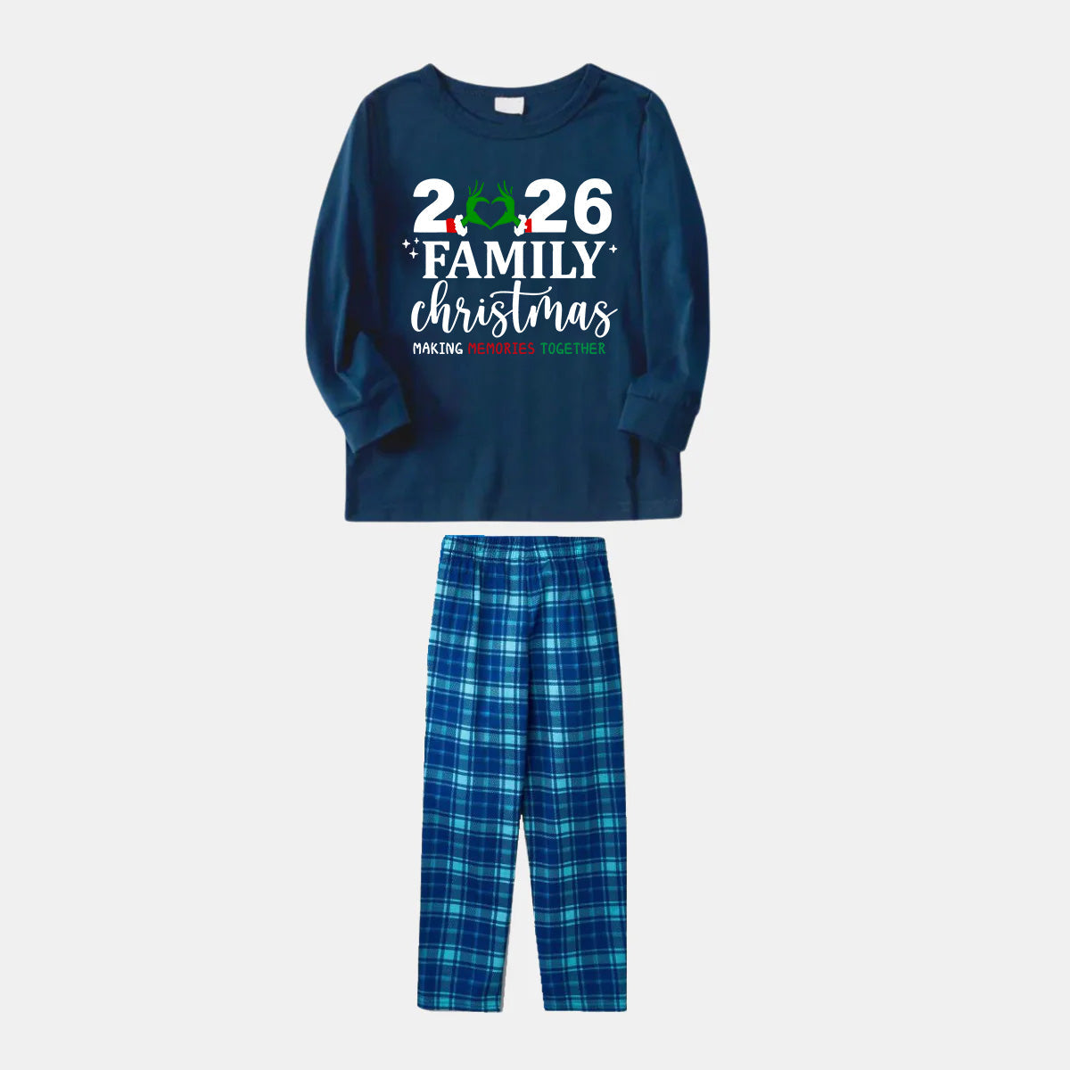 "2026 Family Christmas" Quirky Heart Letter Print Blue Long Sleeve Top With Blue Plaid Family Matching Pajamas