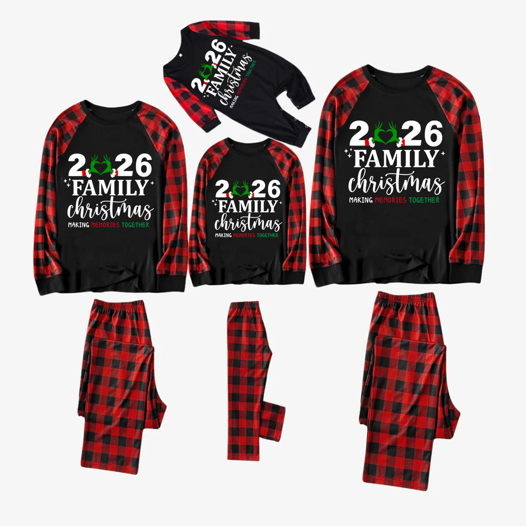 "2026 Family Christmas" Quirky Heart Letter Print Black & Red Plaid Family Matching Black Pajamas