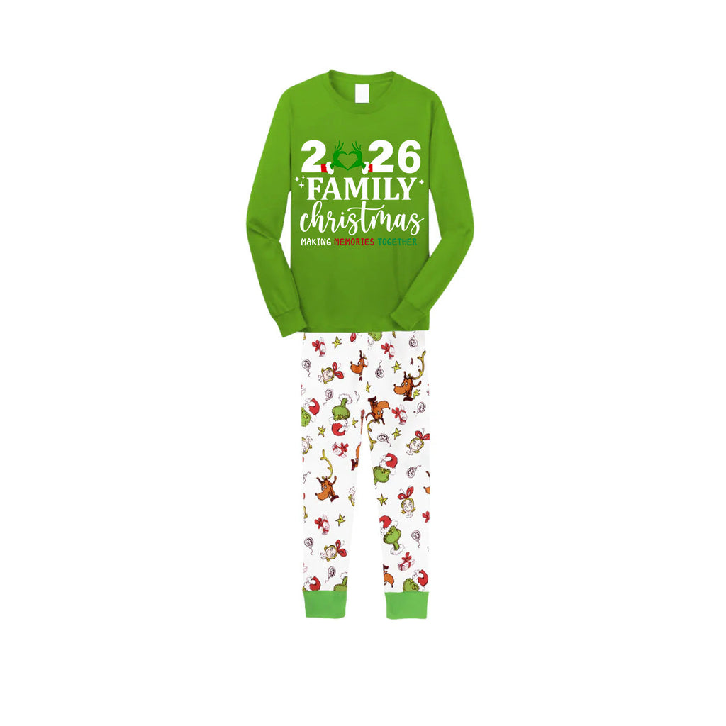 2026 Making Memories Family Christmas Family Pajamas Set - Green Top / Cartoon Animal Print Pants / Cartoon Animal Print Sleeves