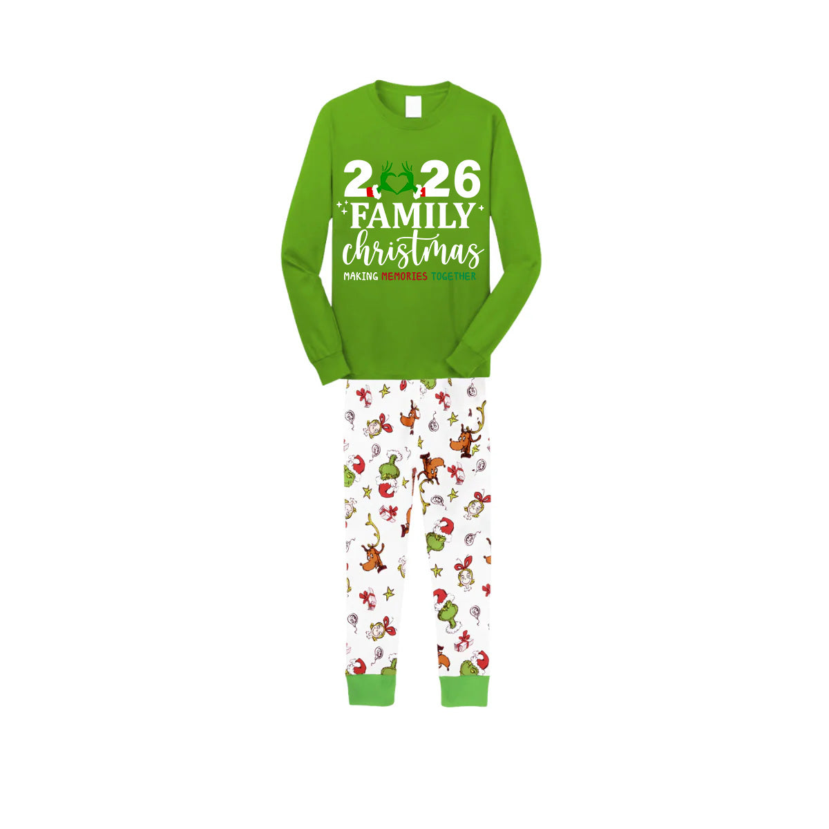 2026 Making Memories Family Christmas Family Pajamas Set - Green Top / Cartoon Animal Print Pants / Cartoon Animal Print Sleeves
