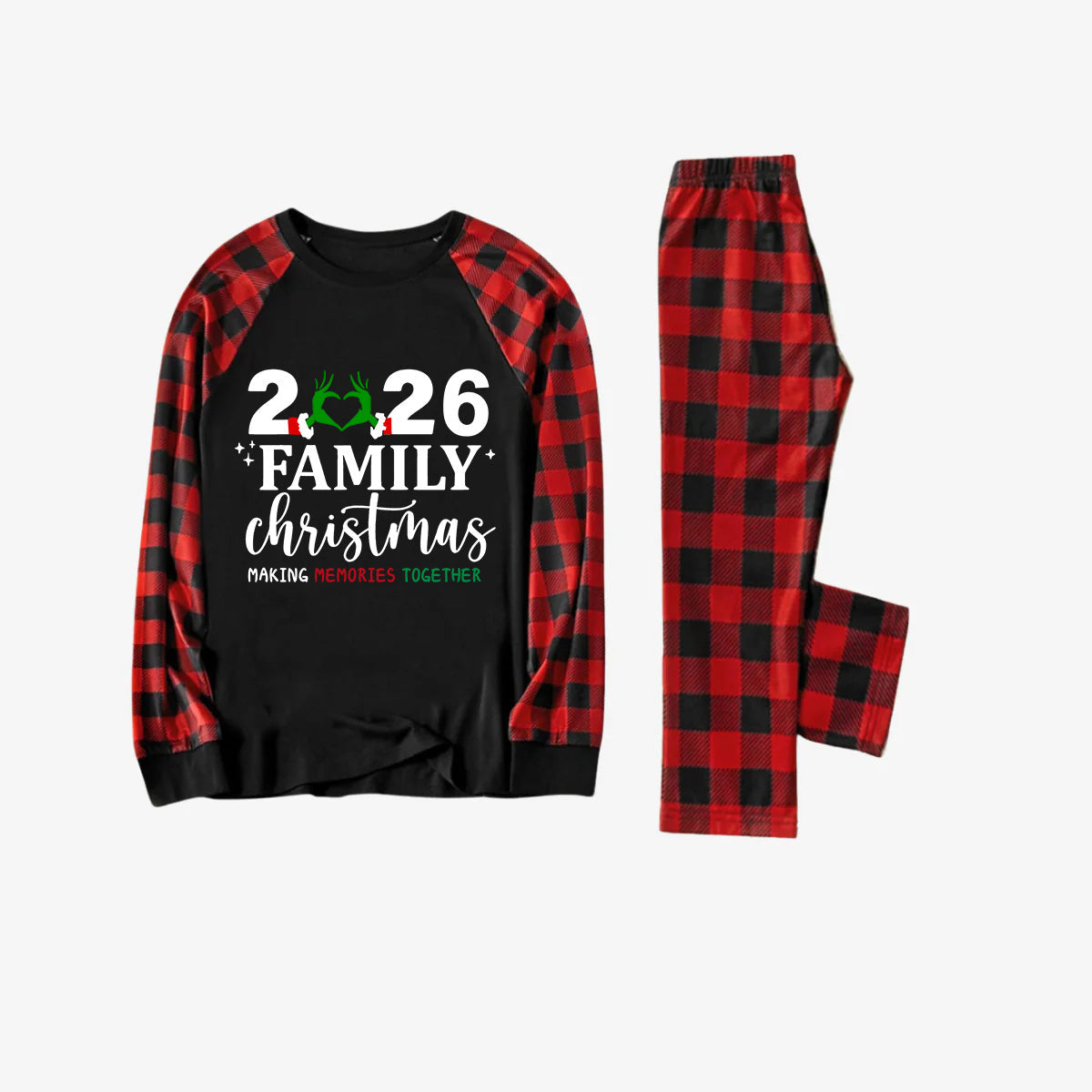 "2026 Family Christmas" Quirky Heart Letter Print Black & Red Plaid Family Matching Black Pajamas