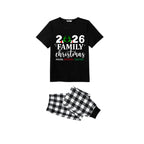 Family Christmas 2026 Pajamas Set - Black Top Black and White Plaid Pants Santa Hat and Ornaments Graphic