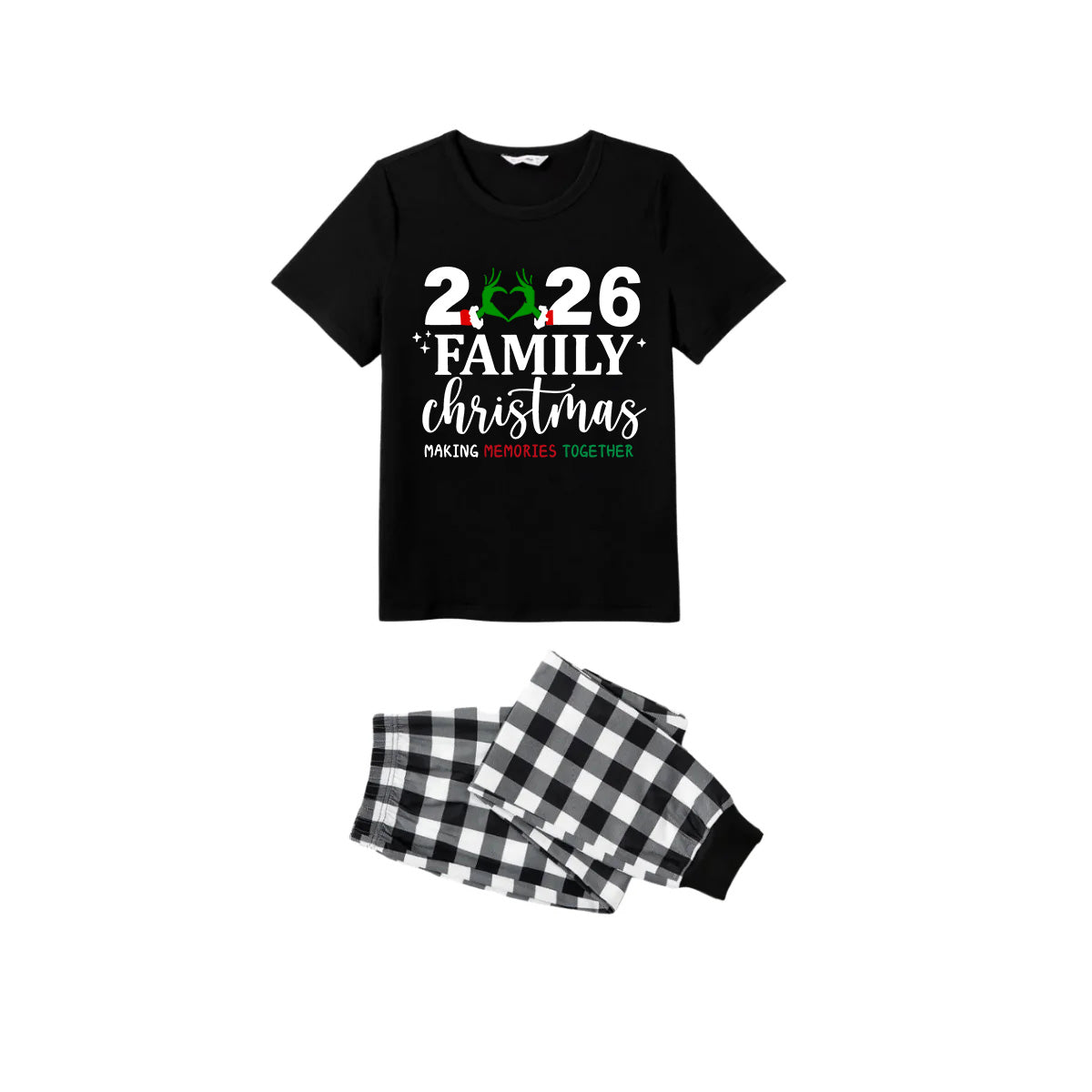 Family Christmas 2026 Pajamas Set - Black Top Black and White Plaid Pants Santa Hat and Ornaments Graphic