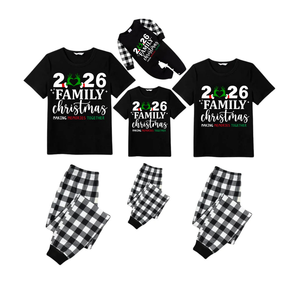 Family Christmas 2026 Pajamas Set - Black Top Black and White Plaid Pants Santa Hat and Ornaments Graphic