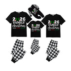 Family Christmas 2026 Pajamas Set - Black Top Black and White Plaid Pants Santa Hat and Ornaments Graphic