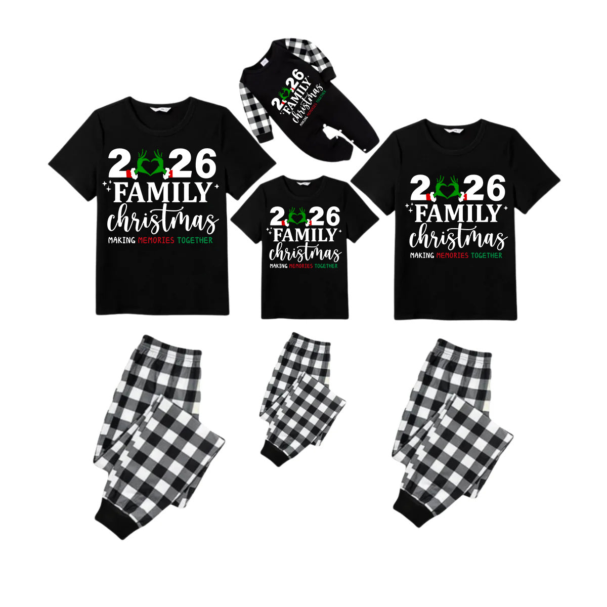 Family Christmas 2026 Pajamas Set - Black Top Black and White Plaid Pants Santa Hat and Ornaments Graphic