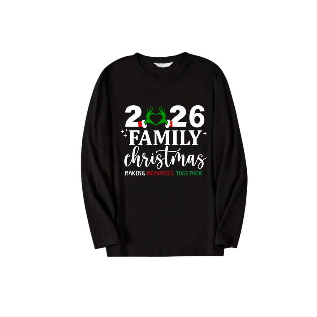 "2026 Family Christmas" Letter And Heart Pattern Black Long Sleeve Top