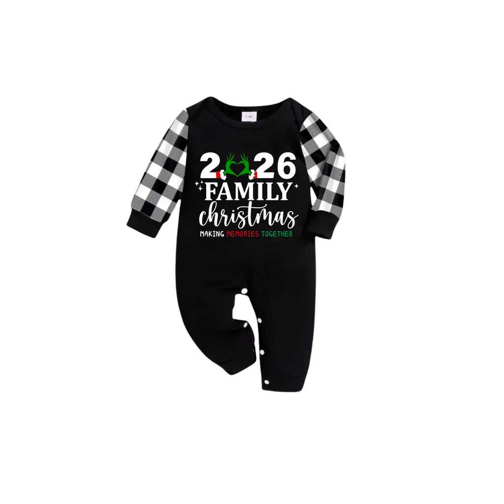 Family Christmas 2026 Pajamas Set - Black Top Black and White Plaid Pants Santa Hat and Ornaments Graphic