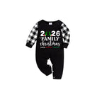 Family Christmas 2026 Pajamas Set - Black Top Black and White Plaid Pants Santa Hat and Ornaments Graphic
