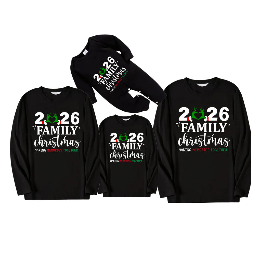 "2026 Family Christmas" Letter And Heart Pattern Black Long Sleeve Top