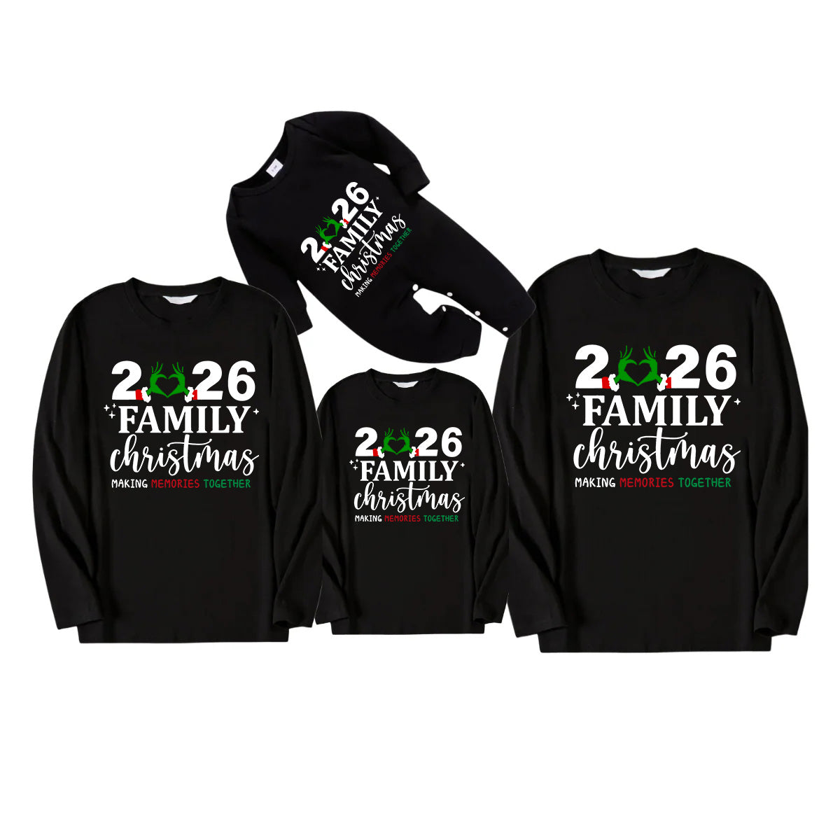 "2026 Family Christmas" Letter And Heart Pattern Black Long Sleeve Top