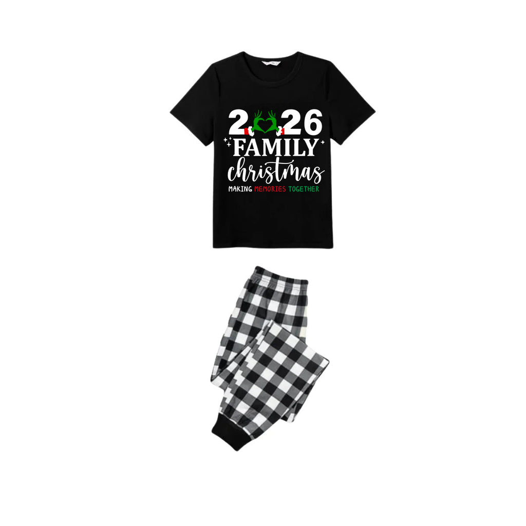 Family Christmas 2026 Pajamas Set - Black Top Black and White Plaid Pants Santa Hat and Ornaments Graphic