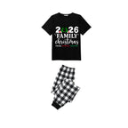 Family Christmas 2026 Pajamas Set - Black Top Black and White Plaid Pants Santa Hat and Ornaments Graphic