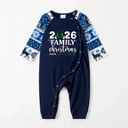 "2026 Family Christmas" Quirky Heart Letter Print Blue Long Sleeve Family Matching Pajamas With Dog bandana