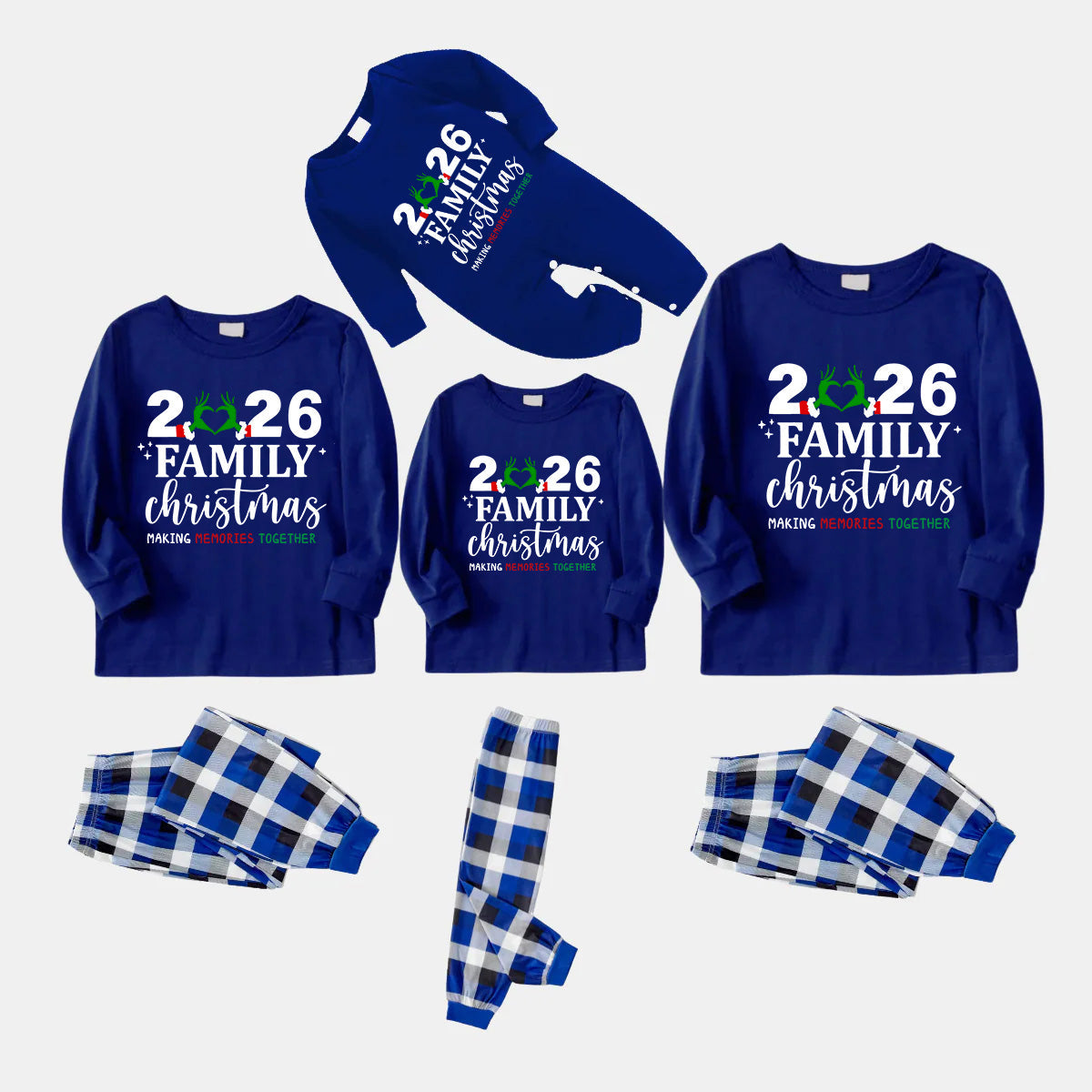 "2026 Family Christmas" Text Printed Blue and White Plaid Family Matching Pajamas