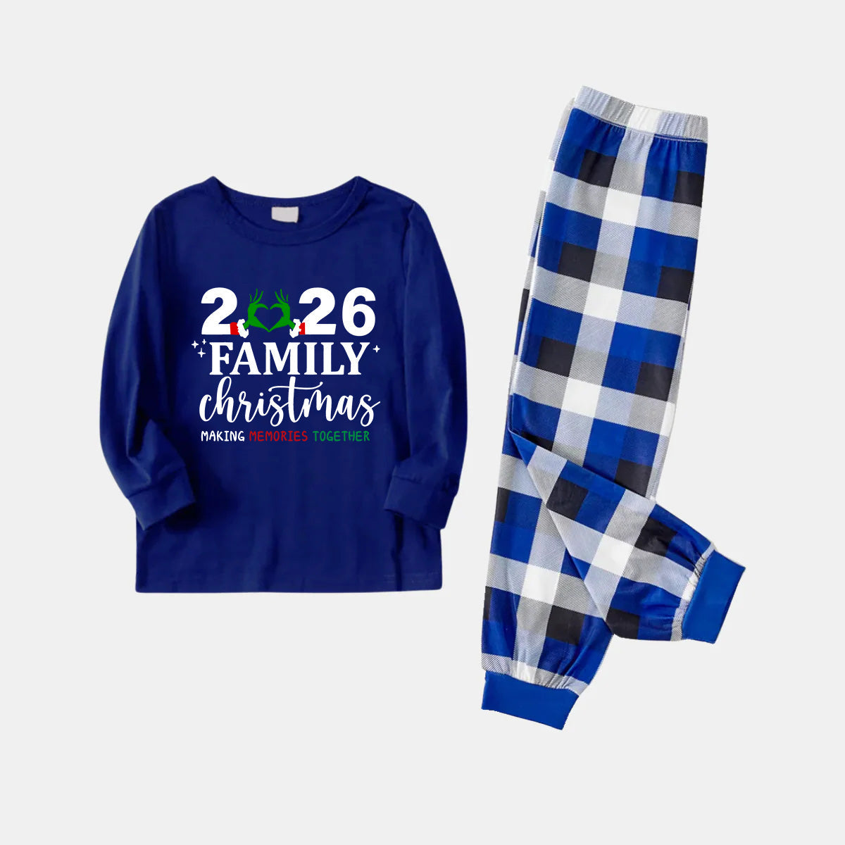 "2026 Family Christmas" Text Printed Blue and White Plaid Family Matching Pajamas