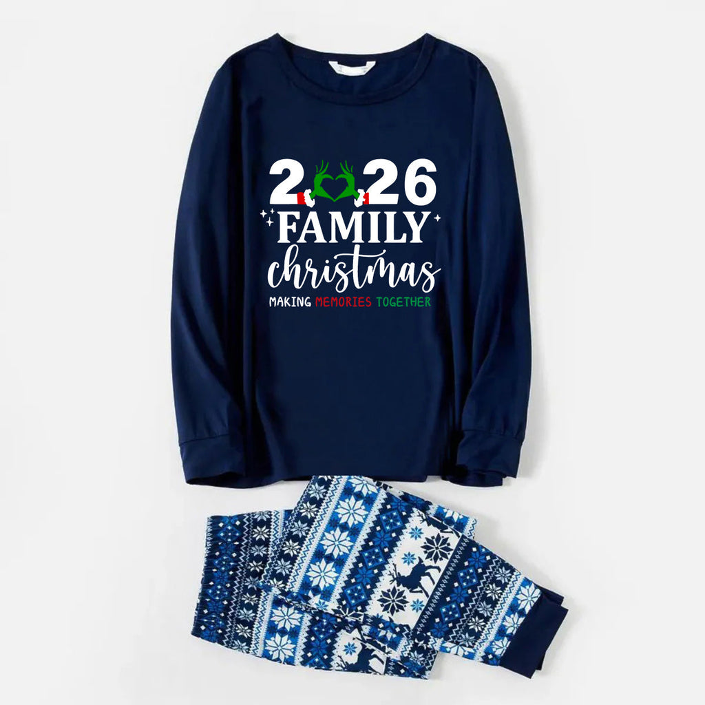 "2026 Family Christmas" Quirky Heart Letter Print Blue Long Sleeve Family Matching Pajamas With Dog bandana