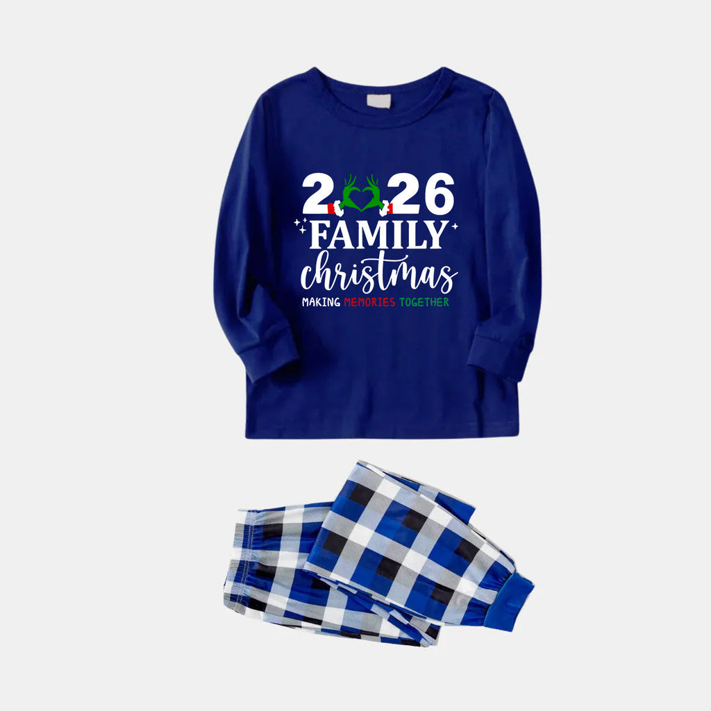 "2026 Family Christmas" Text Printed Blue and White Plaid Family Matching Pajamas