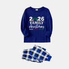 "2026 Family Christmas" Text Printed Blue and White Plaid Family Matching Pajamas