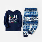 "2026 Family Christmas" Quirky Heart Letter Print Blue Long Sleeve Family Matching Pajamas With Dog bandana