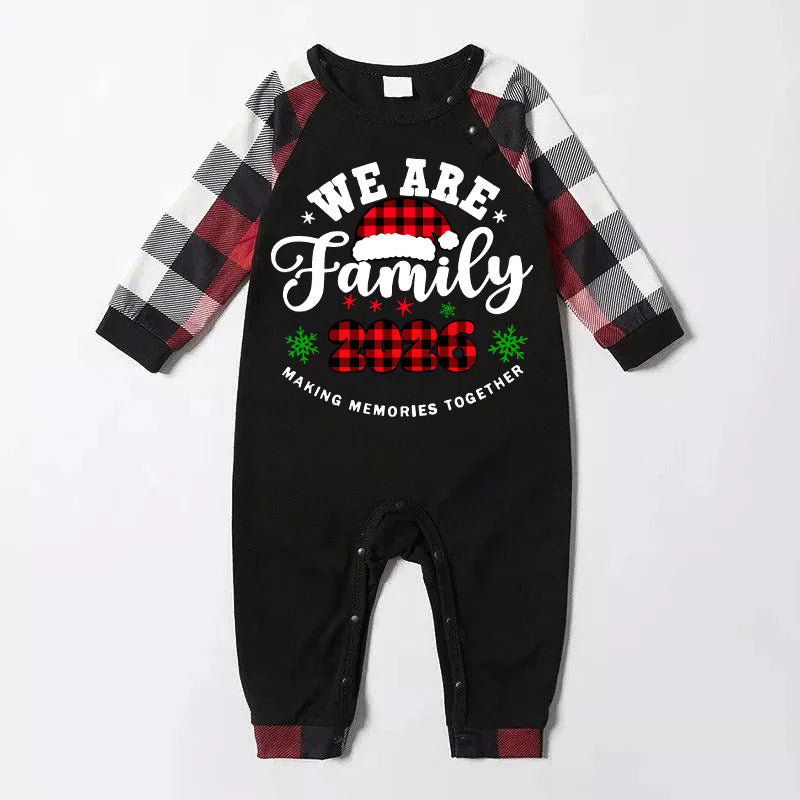 "We are Family2026" Santa Hat Monogram Print Letter Red & Black & Grey & White Plaid Family Matching Pajamas
