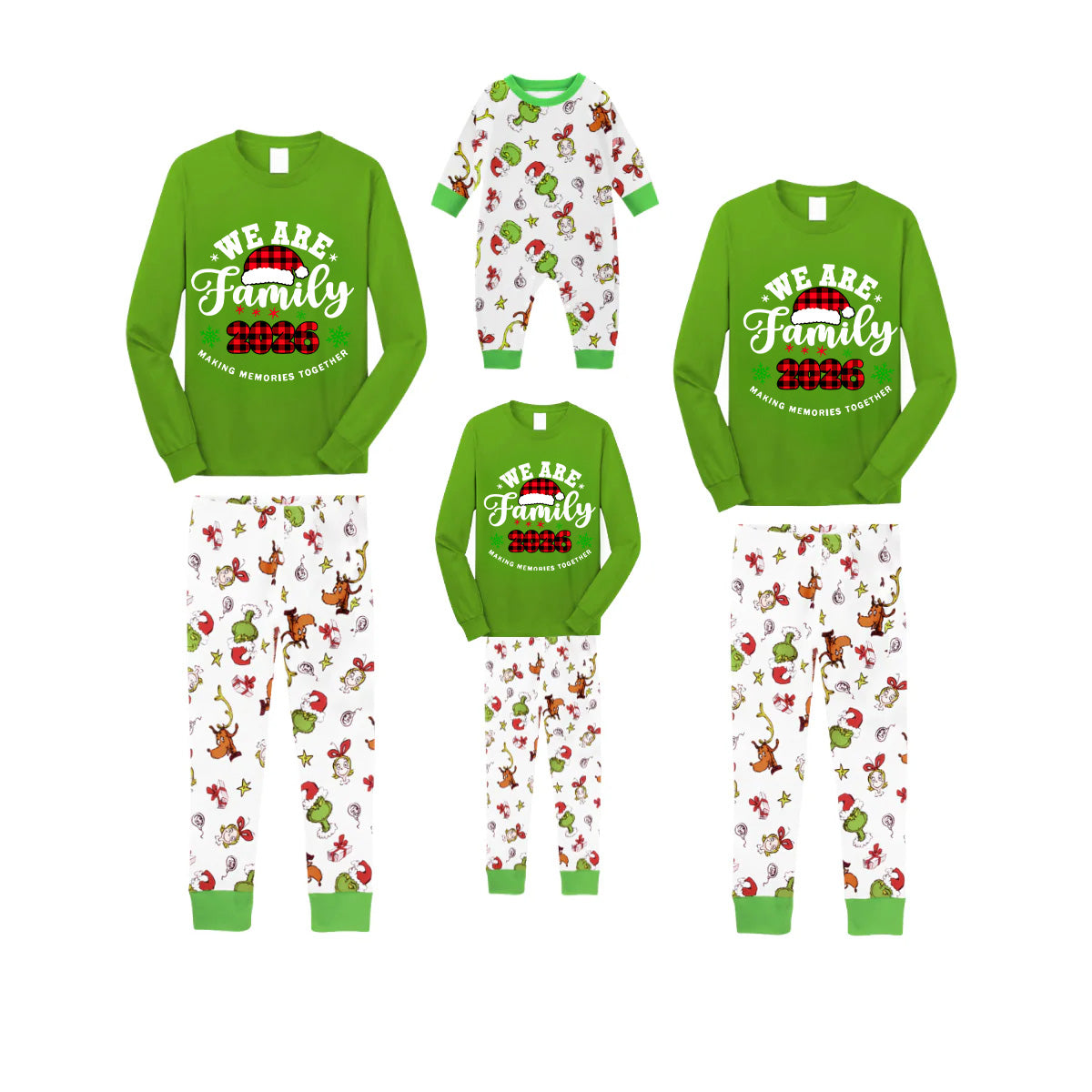 2026 We Are Family Christmas Family Pajamas Set - Green Top / White Animal Print Pants / White Animal Print Sleeves