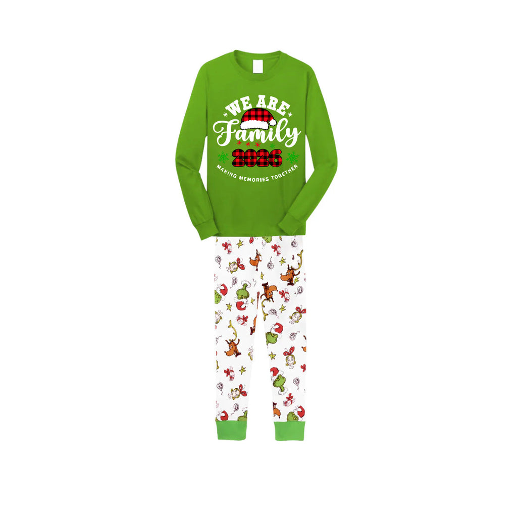 2026 We Are Family Christmas Family Pajamas Set - Green Top / White Animal Print Pants / White Animal Print Sleeves