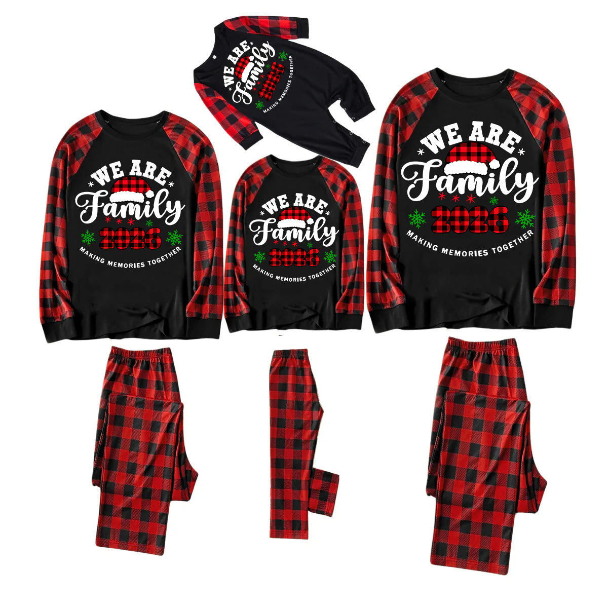 "We are Family2026" Santa Hat Monogram Print Letter Black & Red Plaid Family Matching Black Pajamas