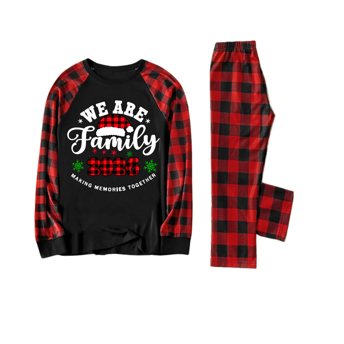 "We are Family2026" Santa Hat Monogram Print Letter Black & Red Plaid Family Matching Black Pajamas