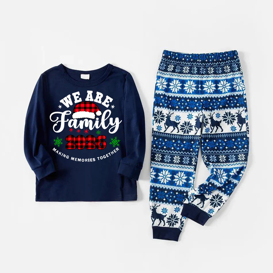 "We are Family2026" Santa Hat Monogram Print Letter Blue Long Sleeve Family Matching Pajamas With Dog bandana