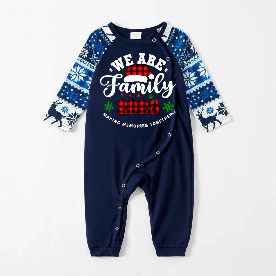 "We are Family2026" Santa Hat Monogram Print Letter Blue Long Sleeve Family Matching Pajamas With Dog bandana