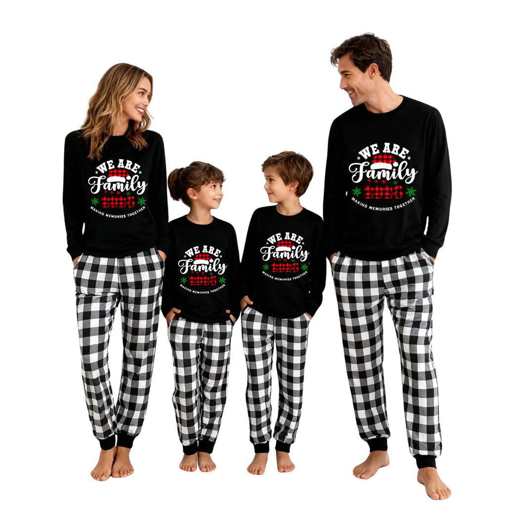 "We are Family2026" Santa Hat Monogram Print Black Long Sleeve Top with Black And White Plaid Pants Family Matching Pajamas