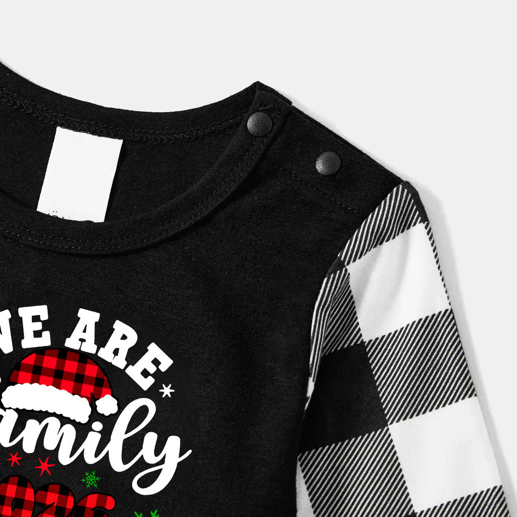 "We are Family2026" Santa Hat Monogram Print Black Long Sleeve Top with Black And White Plaid Pants Family Matching Pajamas