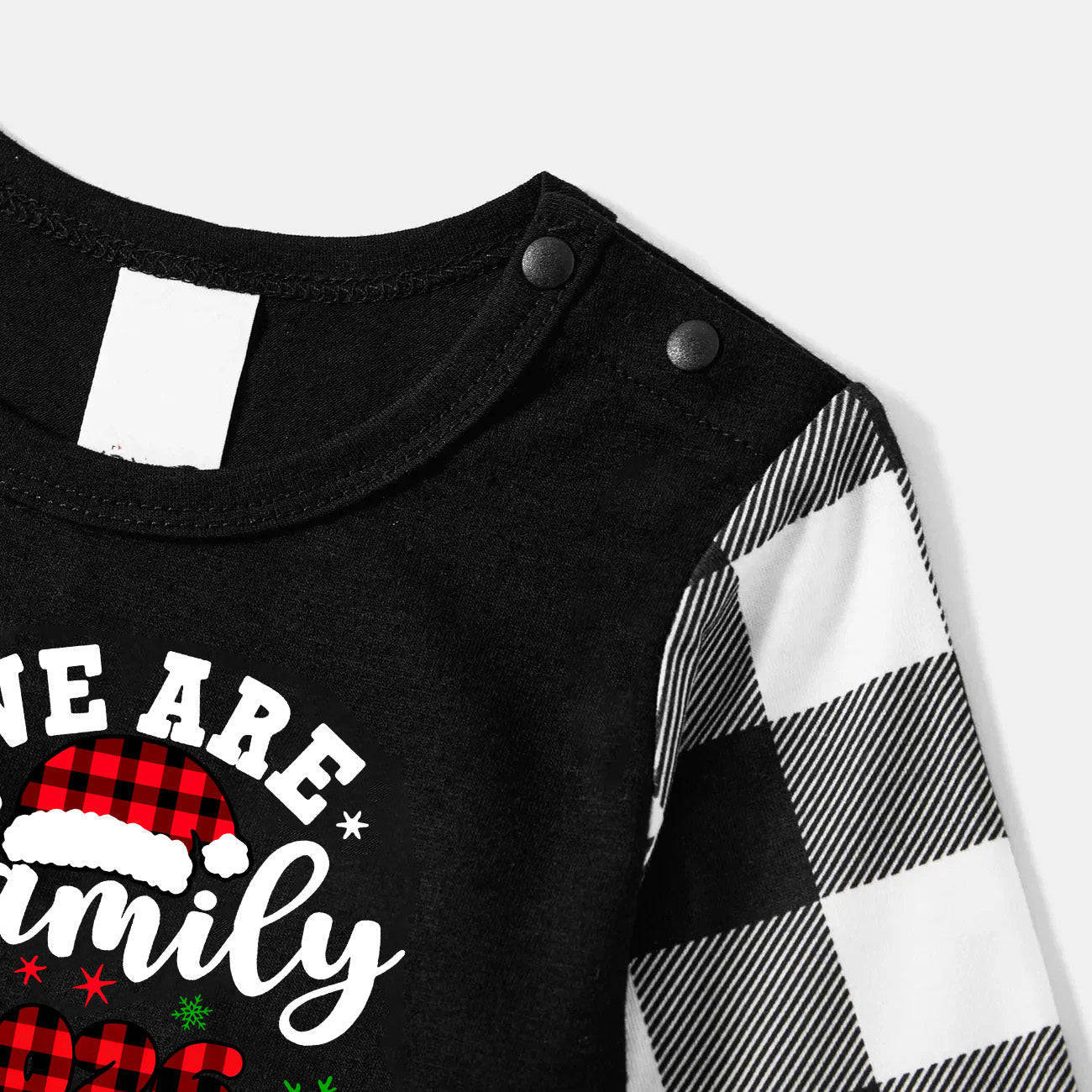 "We are Family2026" Santa Hat Monogram Print Black Long Sleeve Top with Black And White Plaid Pants Family Matching Pajamas