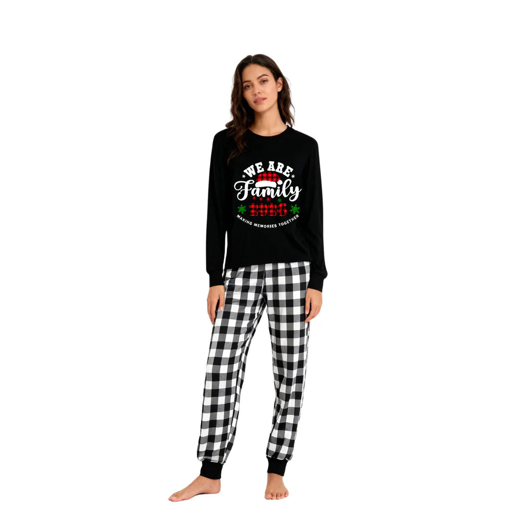"We are Family2026" Santa Hat Monogram Print Black Long Sleeve Top with Black And White Plaid Pants Family Matching Pajamas