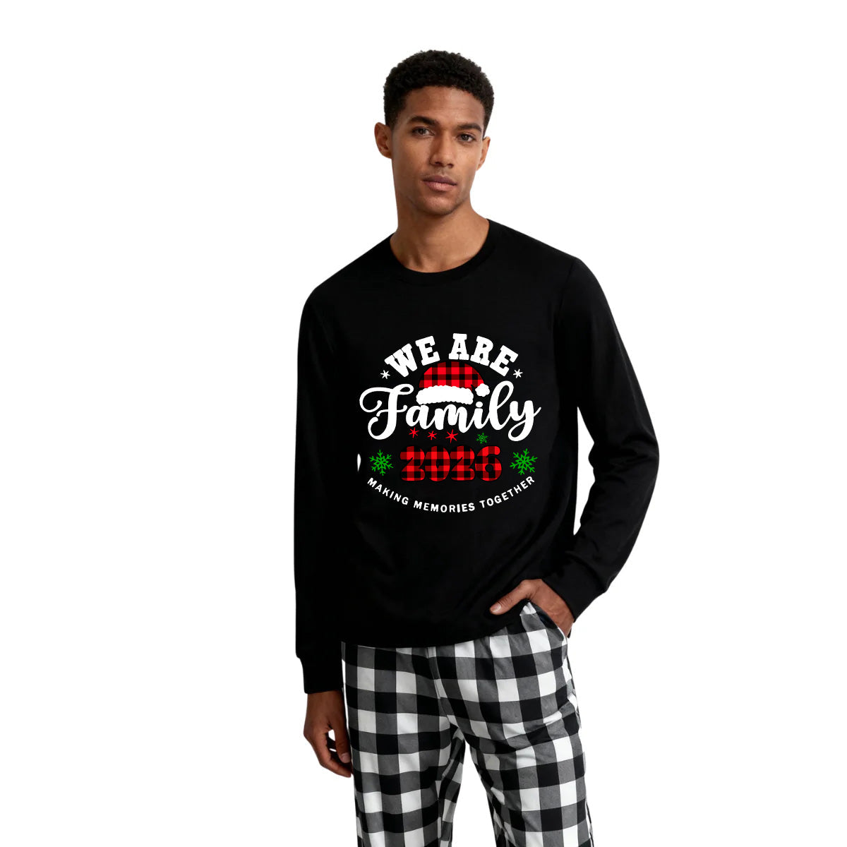 "We are Family2026" Santa Hat Monogram Print Black Long Sleeve Top with Black And White Plaid Pants Family Matching Pajamas