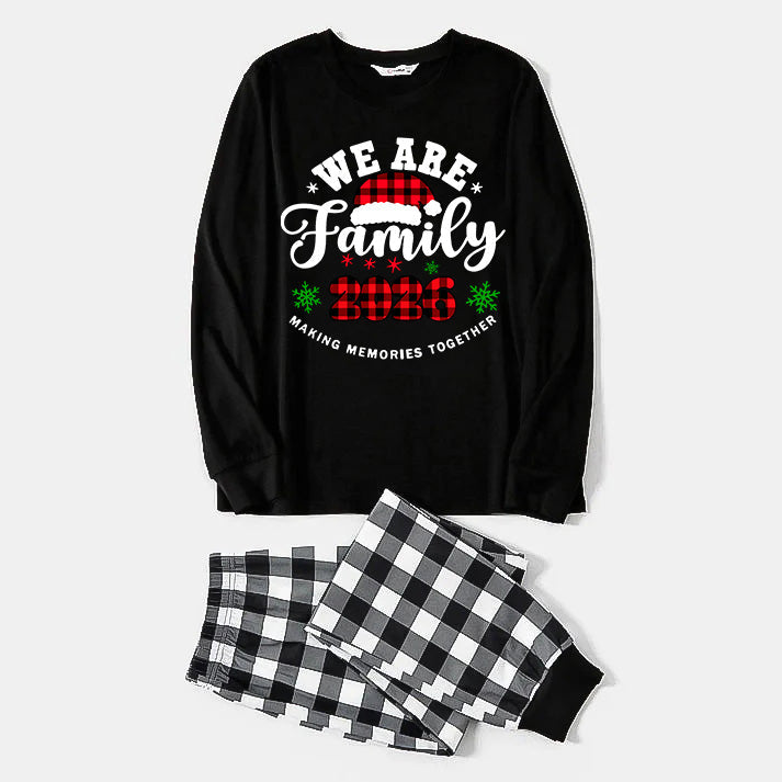 "We are Family2026" Santa Hat Monogram Print Black Long Sleeve Top with Black And White Plaid Pants Family Matching Pajamas