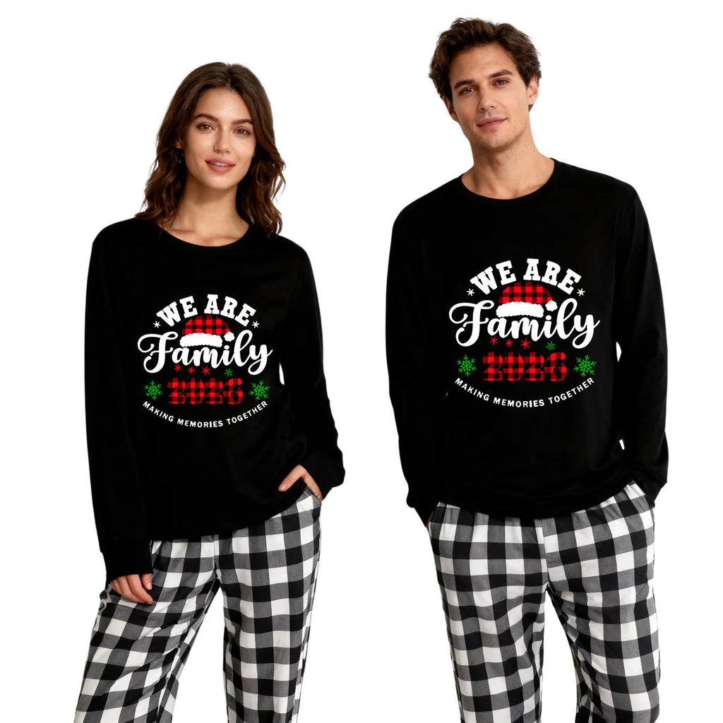 "We are Family2026" Santa Hat Monogram Print Black Long Sleeve Top with Black And White Plaid Pants Family Matching Pajamas