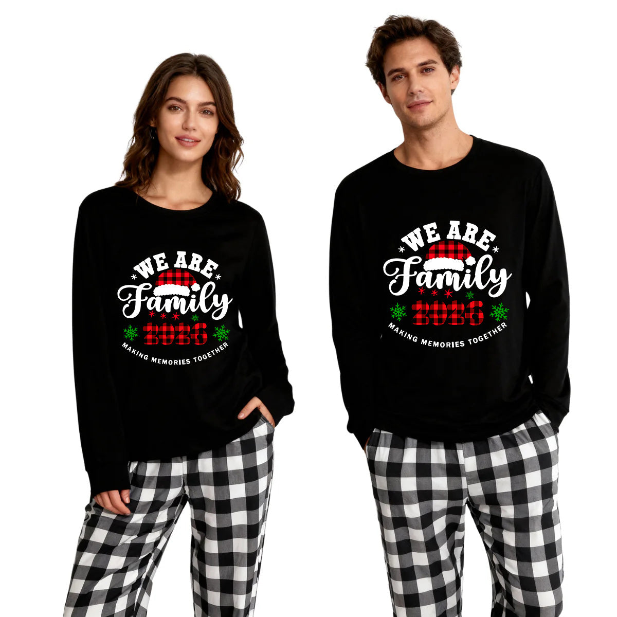 "We are Family2026" Santa Hat Monogram Print Black Long Sleeve Top with Black And White Plaid Pants Family Matching Pajamas