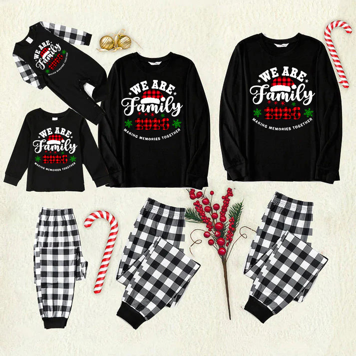 "We are Family2026" Santa Hat Monogram Print Black Long Sleeve Top with Black And White Plaid Pants Family Matching Pajamas