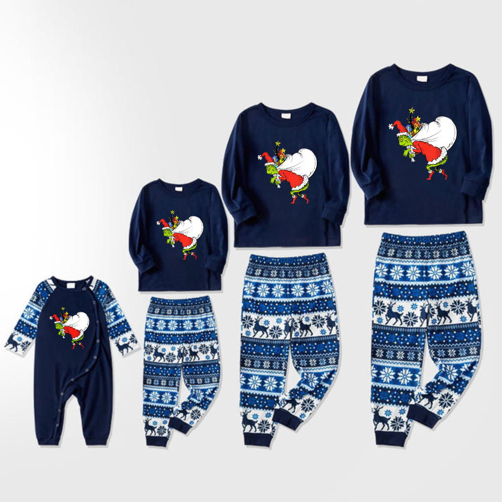 Joyful Blue Christmas Pajamas Set with Funny Grinch Designs