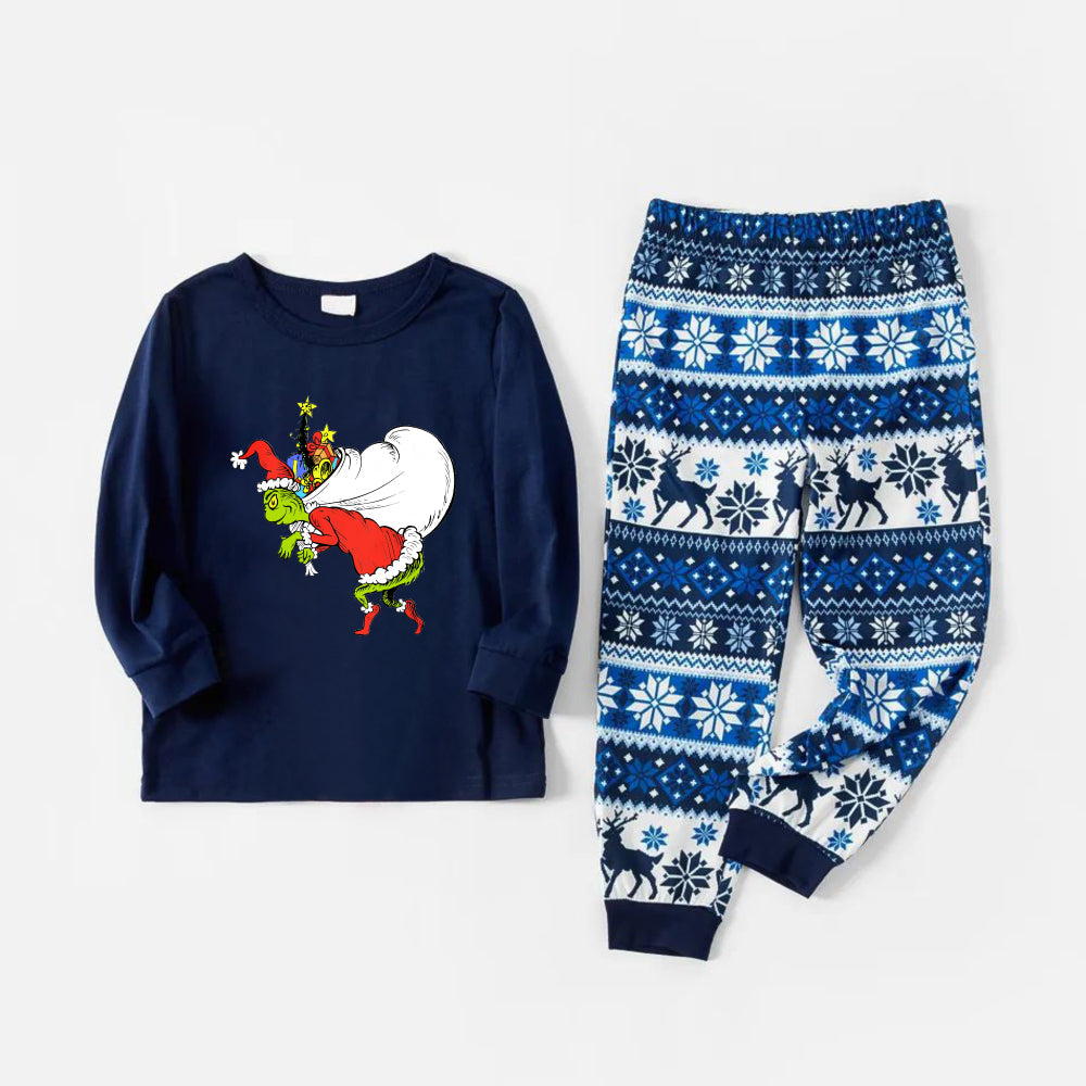 Joyful Blue Christmas Pajamas Set with Funny Grinch Designs