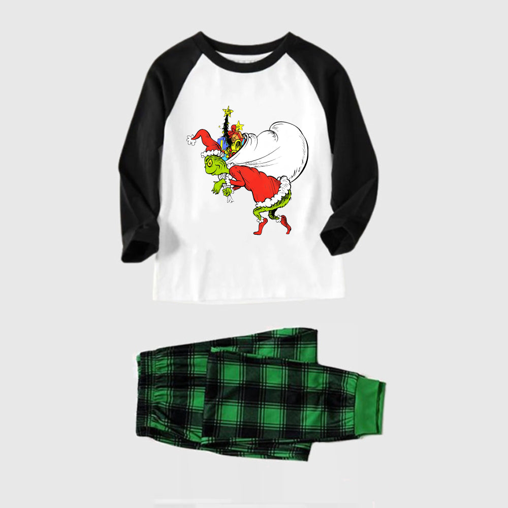 Black Raglan Top Green Plaid Christmas Pajamas Set With Funny Grinch Print
