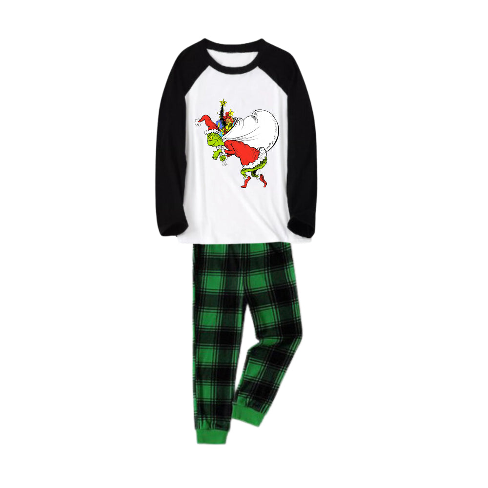 Black Raglan Top Green Plaid Christmas Pajamas Set With Funny Grinch Print