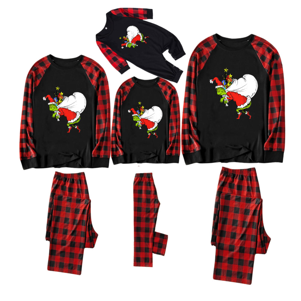 Red and Black Plaid Christmas Pajamas Set With Funny Grinch Designs